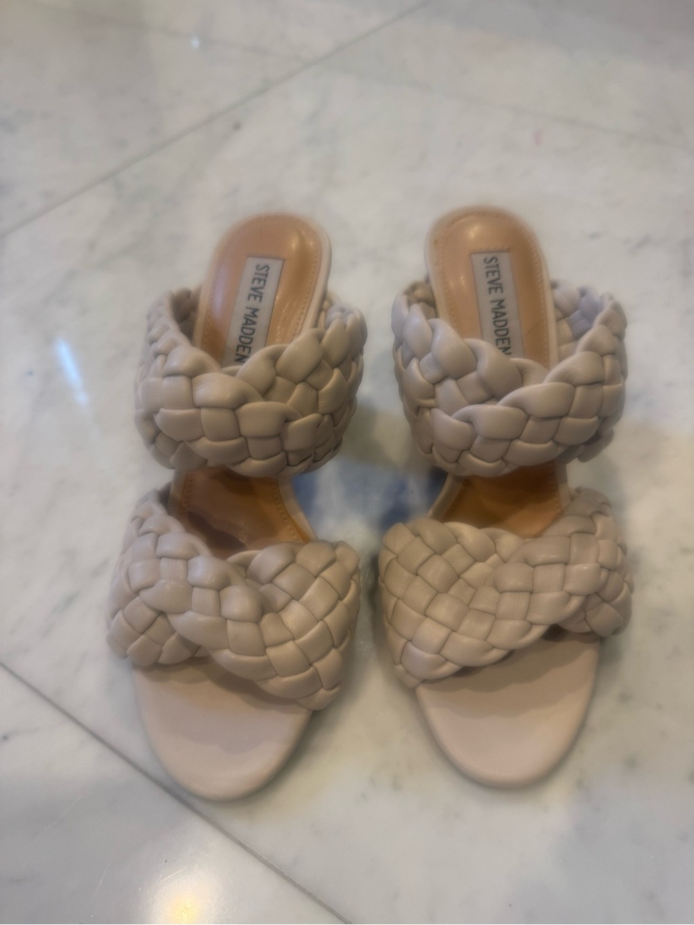 Steve Madden Nude Woven Heeled Sandals | Braided Block Heel Mules | Size 7.5